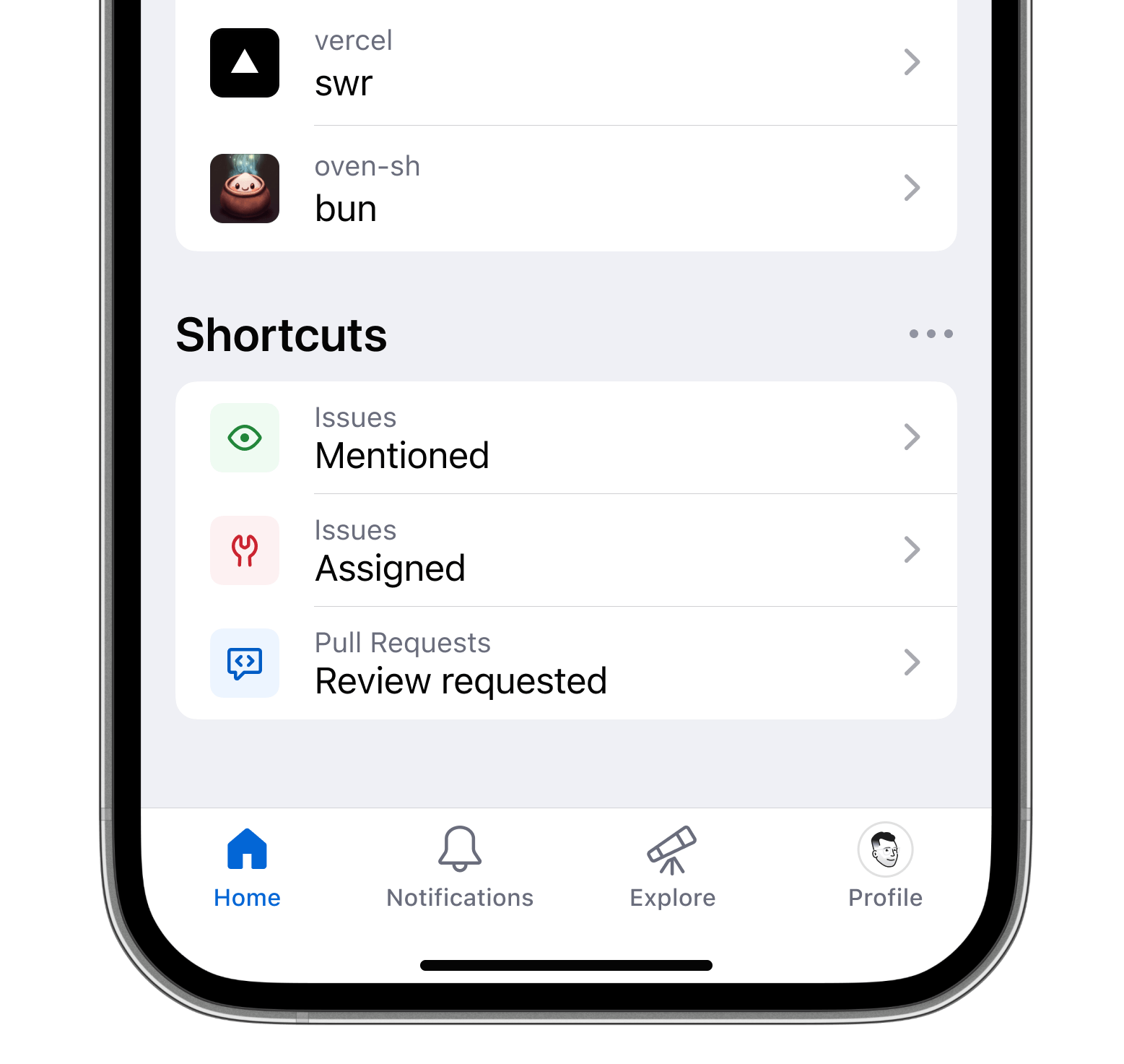 Shortcuts on the GitHub Mobile home tab